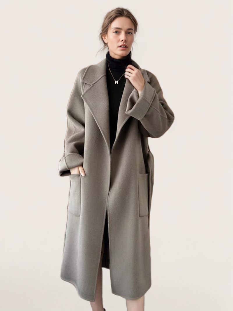 Manteau Portefeuille Pour Femmes Grandes Poches À Revers Couleur Unie Vêtements D'extérieur D'hiver - Gris