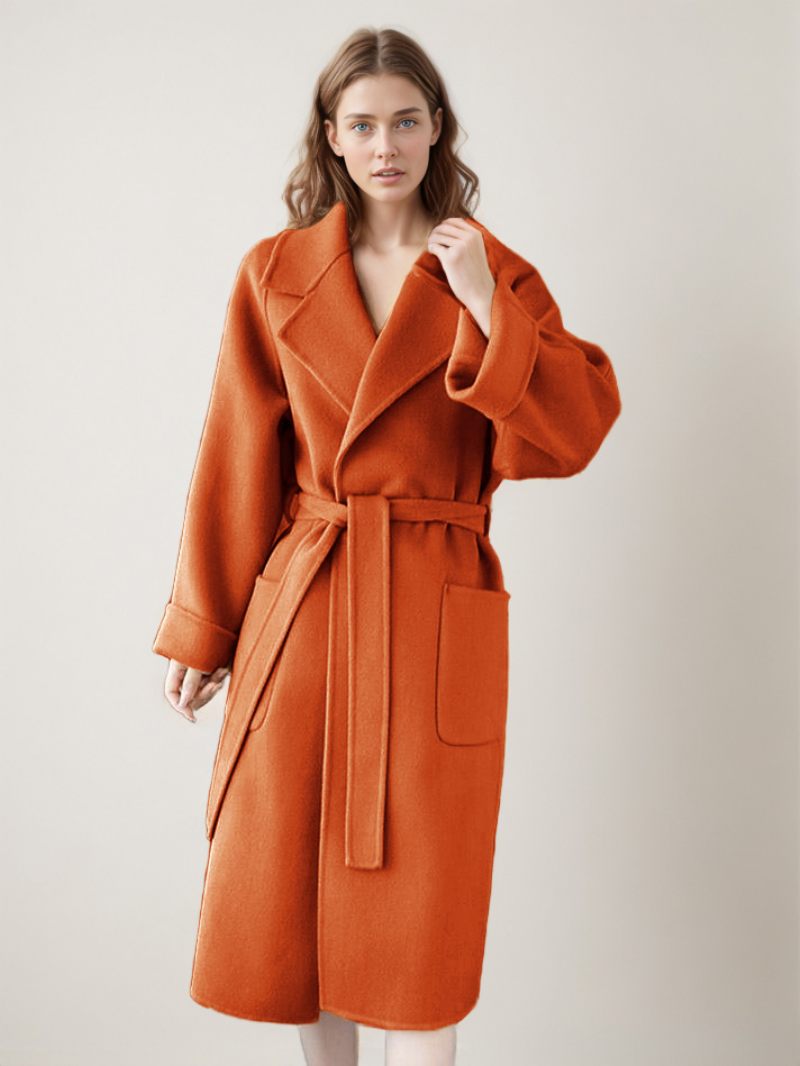 Manteau Portefeuille Pour Femmes Grandes Poches À Revers Couleur Unie Vêtements D'extérieur D'hiver - Orange