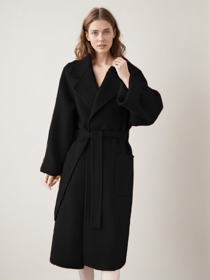 Manteau Portefeuille Pour Femmes Grandes Poches À Revers Couleur Unie Vêtements D'extérieur D'hiver - Noir