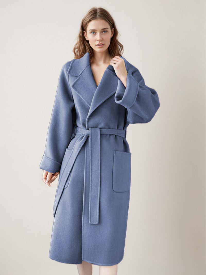 Manteau Portefeuille Pour Femmes Grandes Poches À Revers Couleur Unie Vêtements D'extérieur D'hiver - Bleu Gris