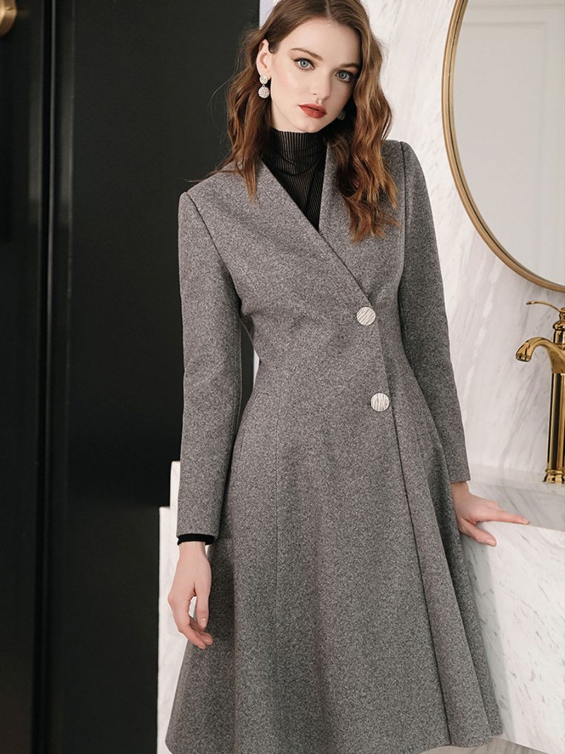 Manteau Portefeuille Gris Pour Femmes Col V Vêtements D'extérieur Chauds D'hiver 2024 - Gris