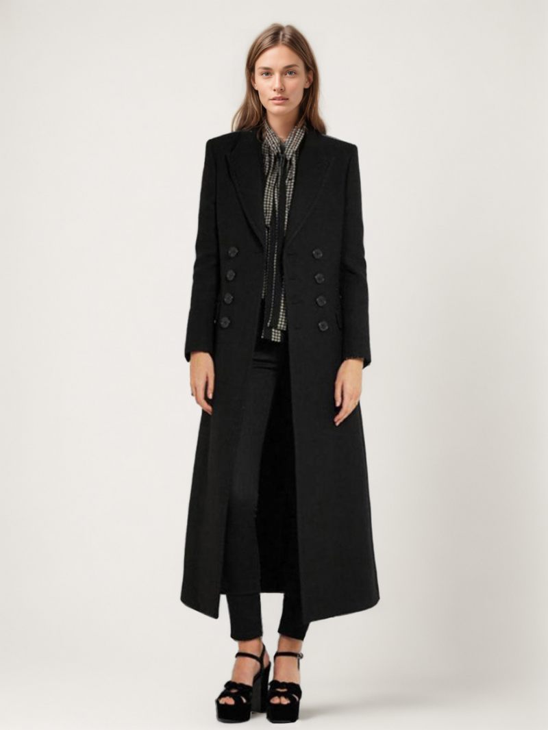 Manteau Portefeuille Long Noir À Double Boutonnage Pour Femmes Vêtement D'extérieur 2024