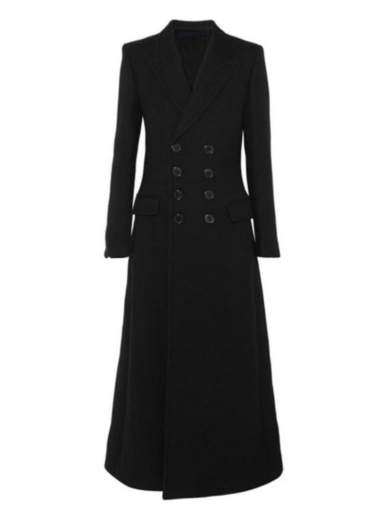 Manteau Portefeuille Long Noir À Double Boutonnage Pour Femmes Vêtement D'extérieur 2024 - Noir