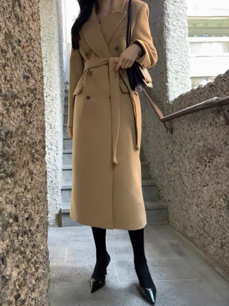 Manteau À Revers Cranté Pour Femme Double Boutonnage Ceinture Vêtements D'extérieur D'hiver 2024 - Chameau