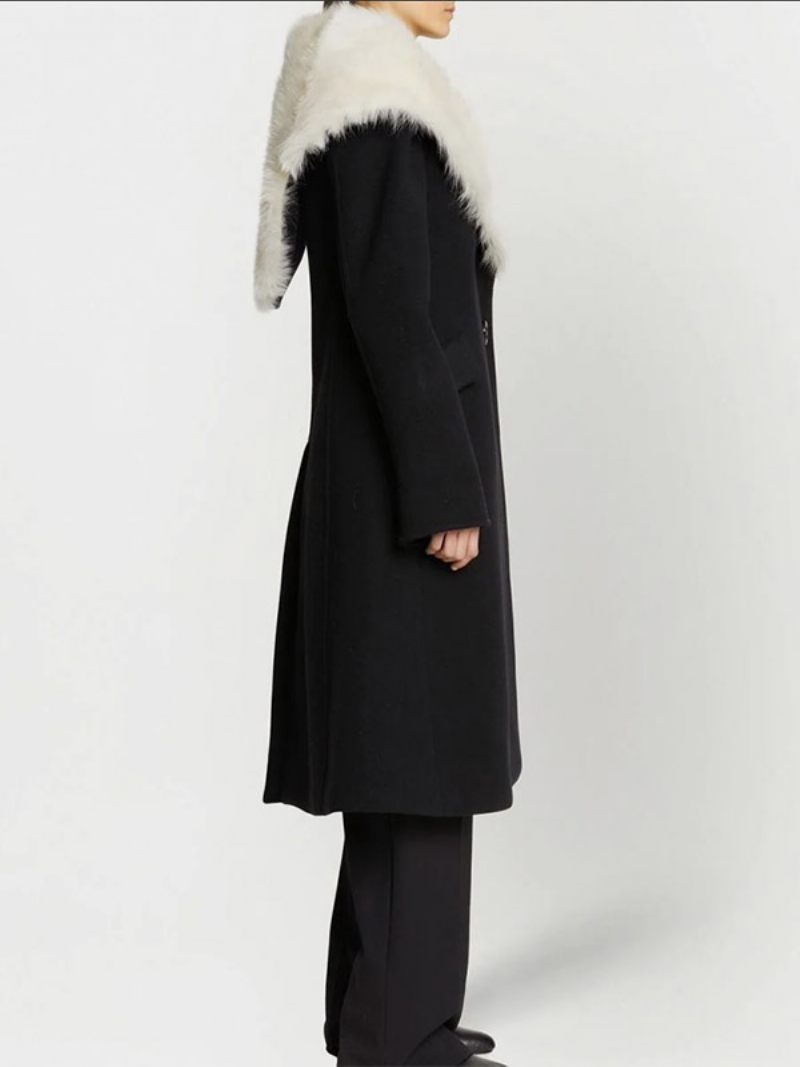 Manteau À Revers Large Pour Femme Vêtement D'extérieur Confortable Et Décontracté L'hiver - Noir