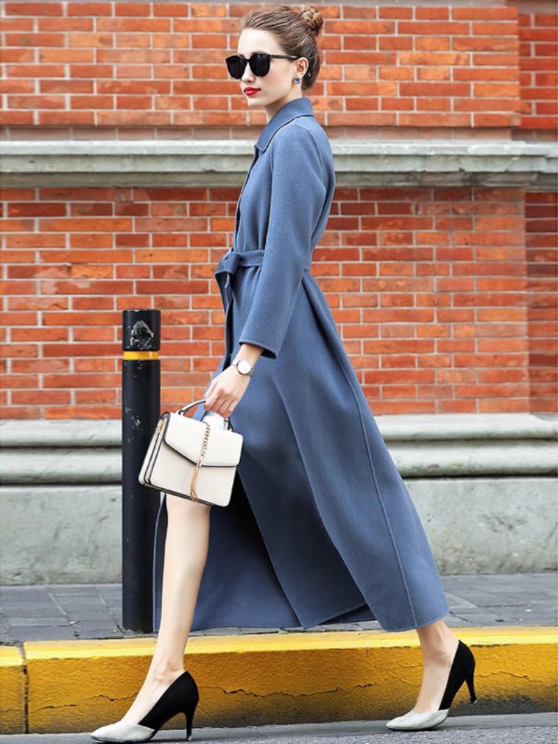 Manteaux Laine Pour Femmes Col Rabattu Manches Longues Ceinture Vêtements D'extérieur D'hiver - Bleu-Gris