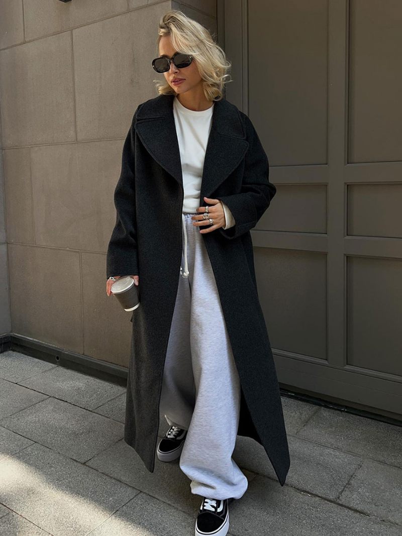 Trench-coat Portefeuille Pour Femmes Revers Incliné Poches Inclinées Vêtements D'extérieur Classiques D'hiver - Gris Foncé