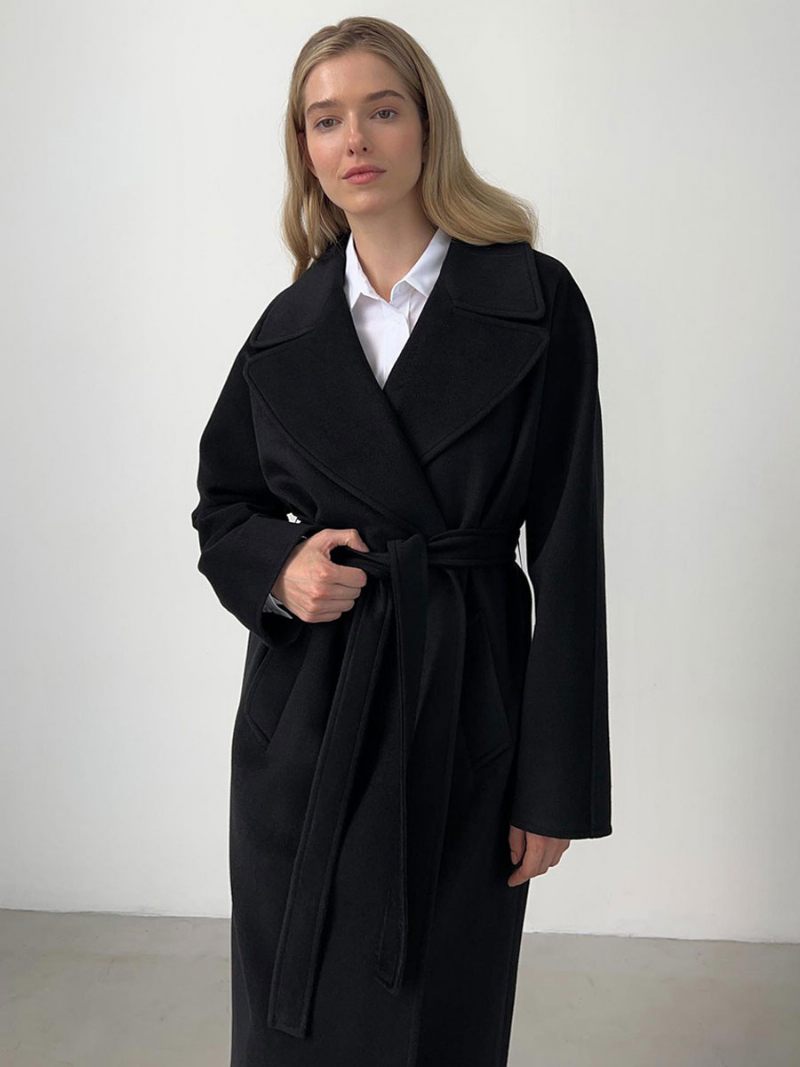 Trench-coat Portefeuille Pour Femmes Revers Incliné Poches Inclinées Vêtements D'extérieur Classiques D'hiver - Noir