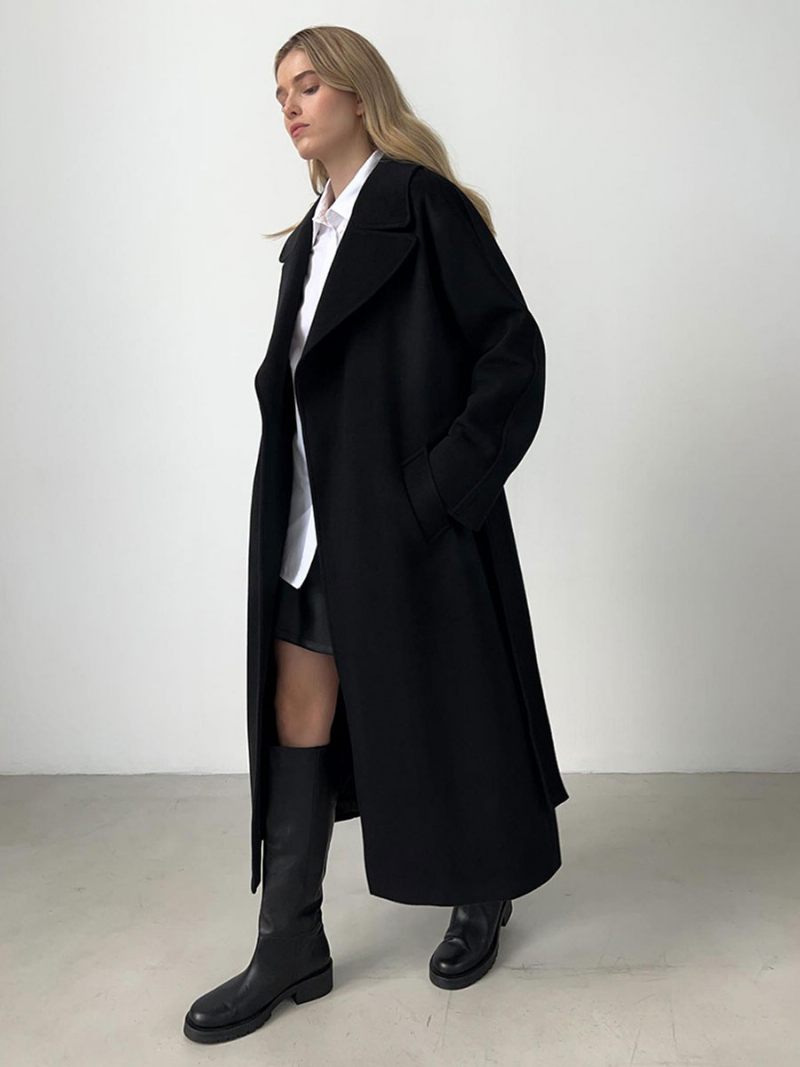 Trench-coat Portefeuille Pour Femmes Revers Incliné Poches Inclinées Vêtements D'extérieur Classiques D'hiver - Noir