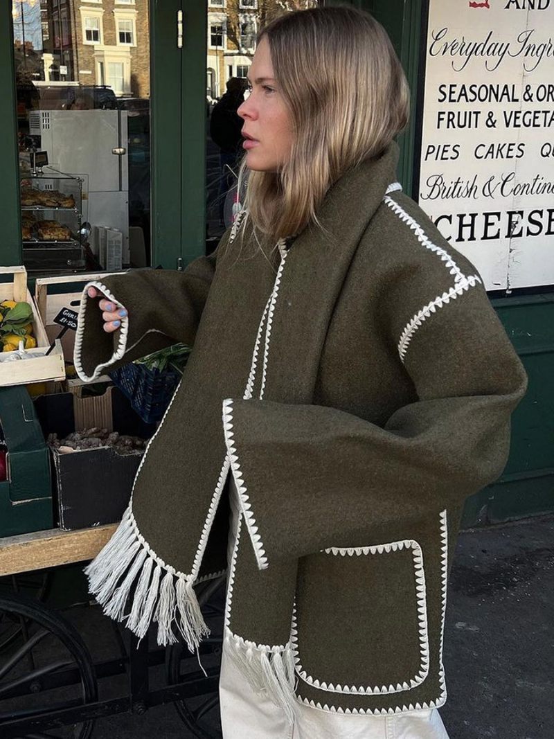 Veste Brodée Pour Femmes Vêtements D'extérieur Amples À Simple Boutonnage Avec Écharpe - Vert Chasseur