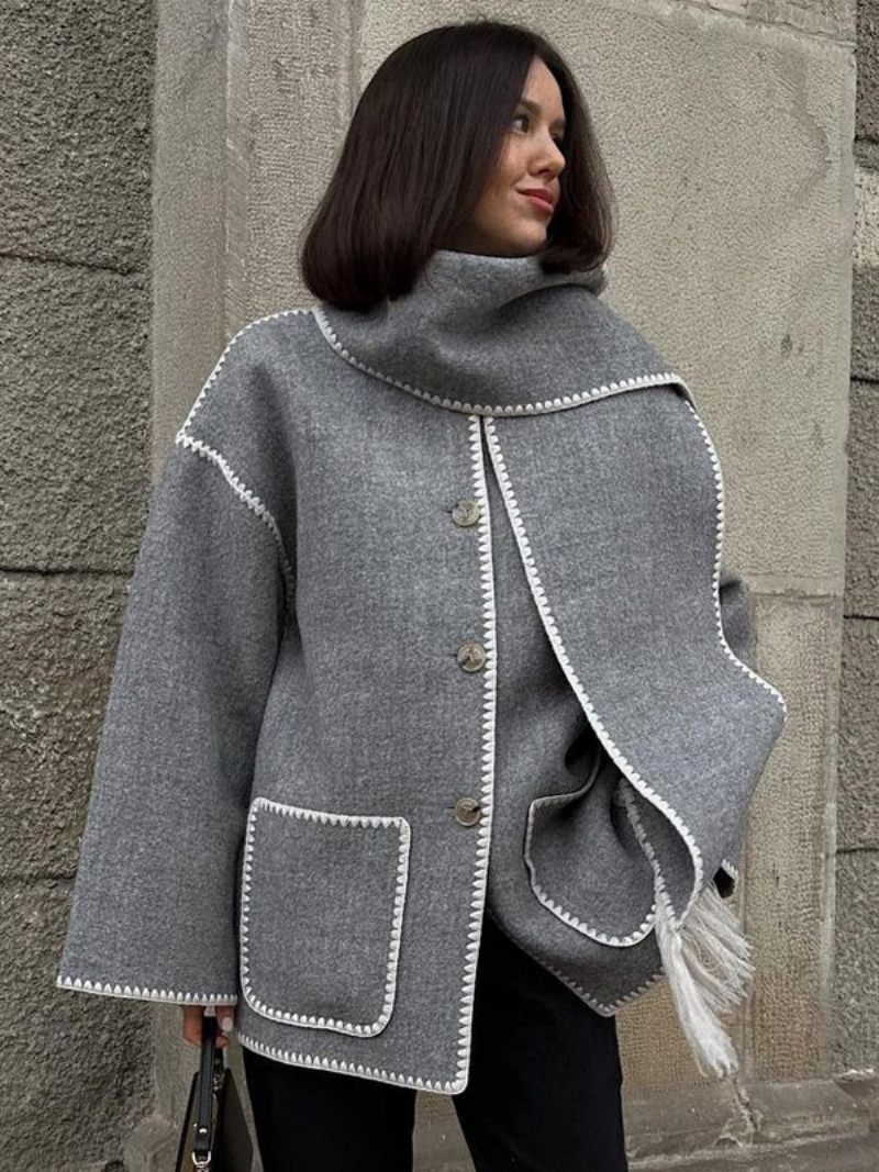 Veste Brodée Pour Femmes Vêtements D'extérieur Amples À Simple Boutonnage Avec Écharpe - Gris Clair