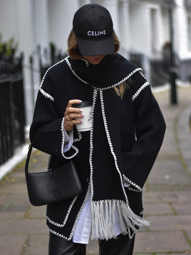 Veste Brodée Pour Femmes Vêtements D'extérieur Amples À Simple Boutonnage Avec Écharpe - Blanc