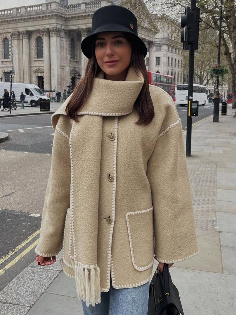 Veste Brodée Pour Femmes Vêtements D'extérieur Amples À Simple Boutonnage Avec Écharpe - Kaki