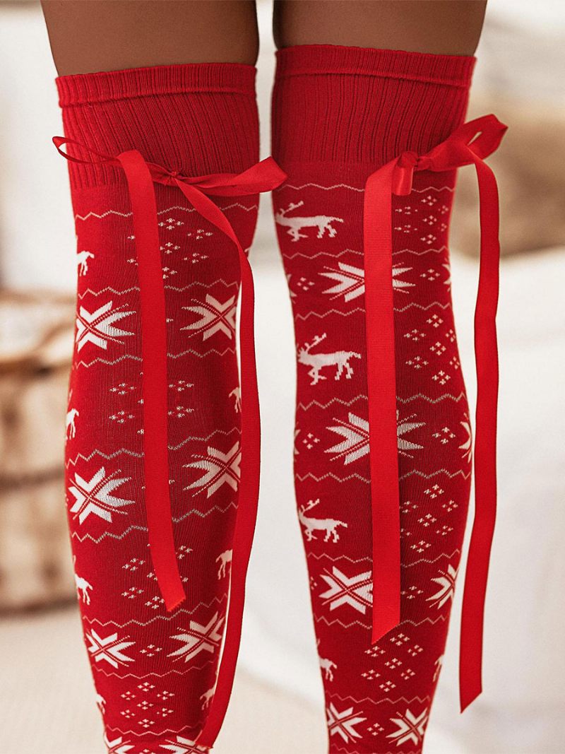 Bas À Motif Noël Chaussettes D'hiver Bordure Côtelée - Rouge