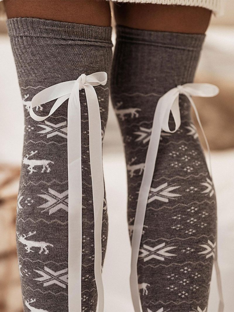 Bas À Motif Noël Chaussettes D'hiver Bordure Côtelée - Gris