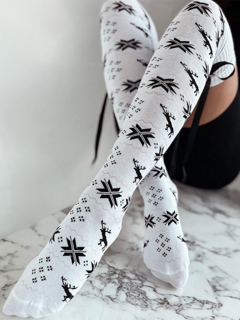 Bas À Motif Noël Chaussettes D'hiver Bordure Côtelée - Blanc