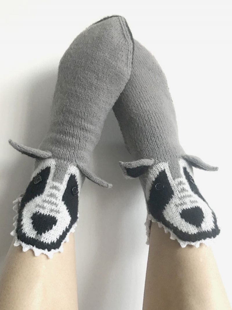 Chaussettes Gris Mélange Poly/coton Imprimé Animal Hiver Chaud Acc