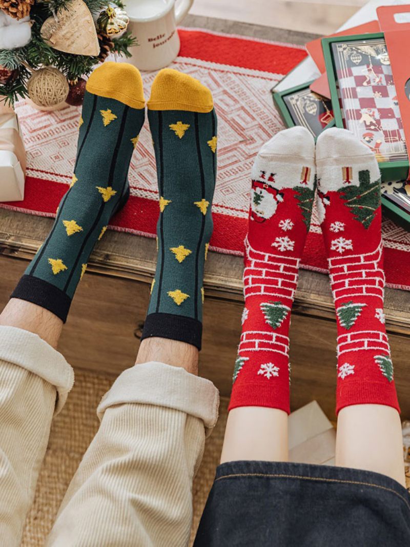 Chaussettes Rouges Coton Mélangé Motif Noël - Vert