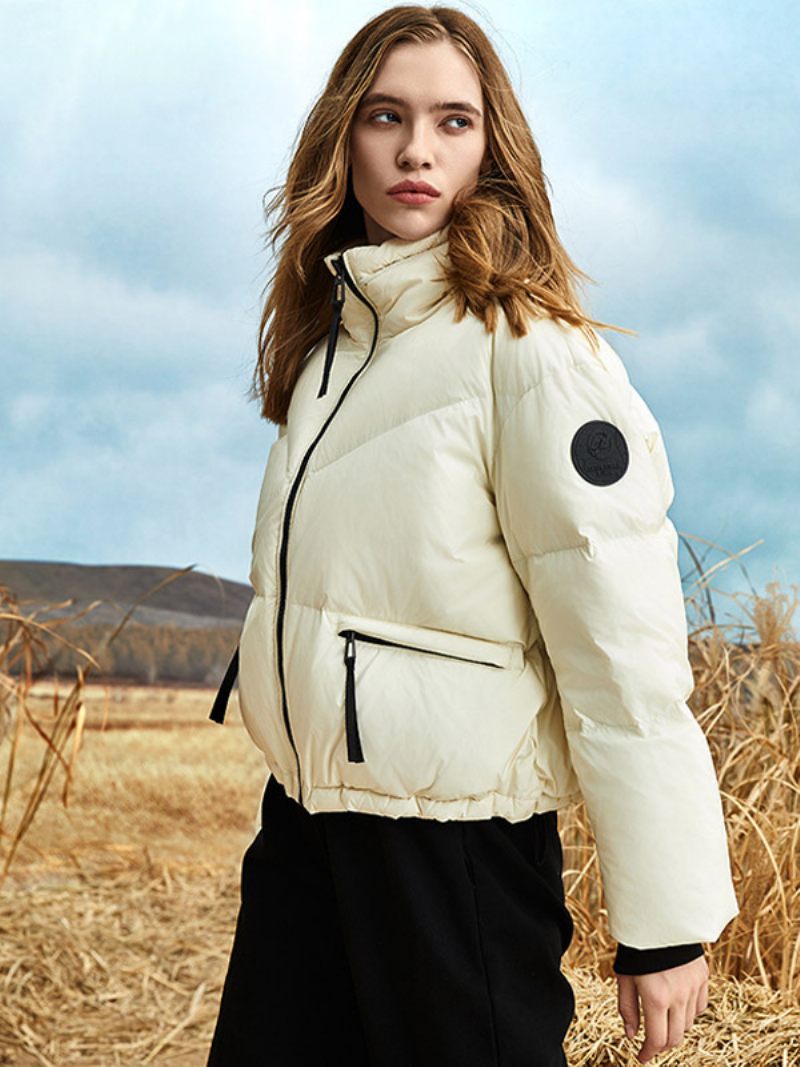 Manteau Bouffant Avec Patch Blason Pour Femme Col Montant Fermeture Éclair Doudoune Couleur Unie - Beige