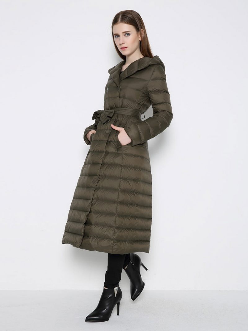 Manteau À Capuche Matelassé Avec Ceinture Pour Femme - Vert Chasseur