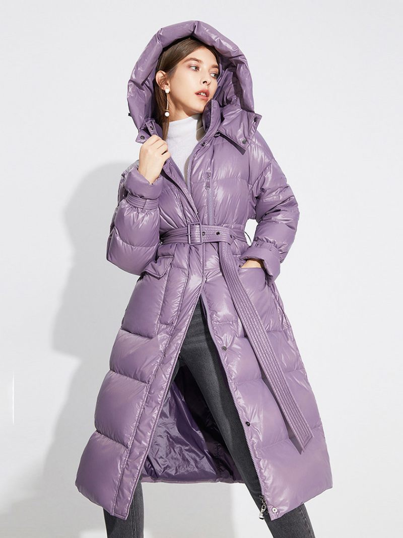 Manteau À Capuche Violet Long Bouffant Ceinturé Vêtements Sortie D'hiver Pour Les Femmes