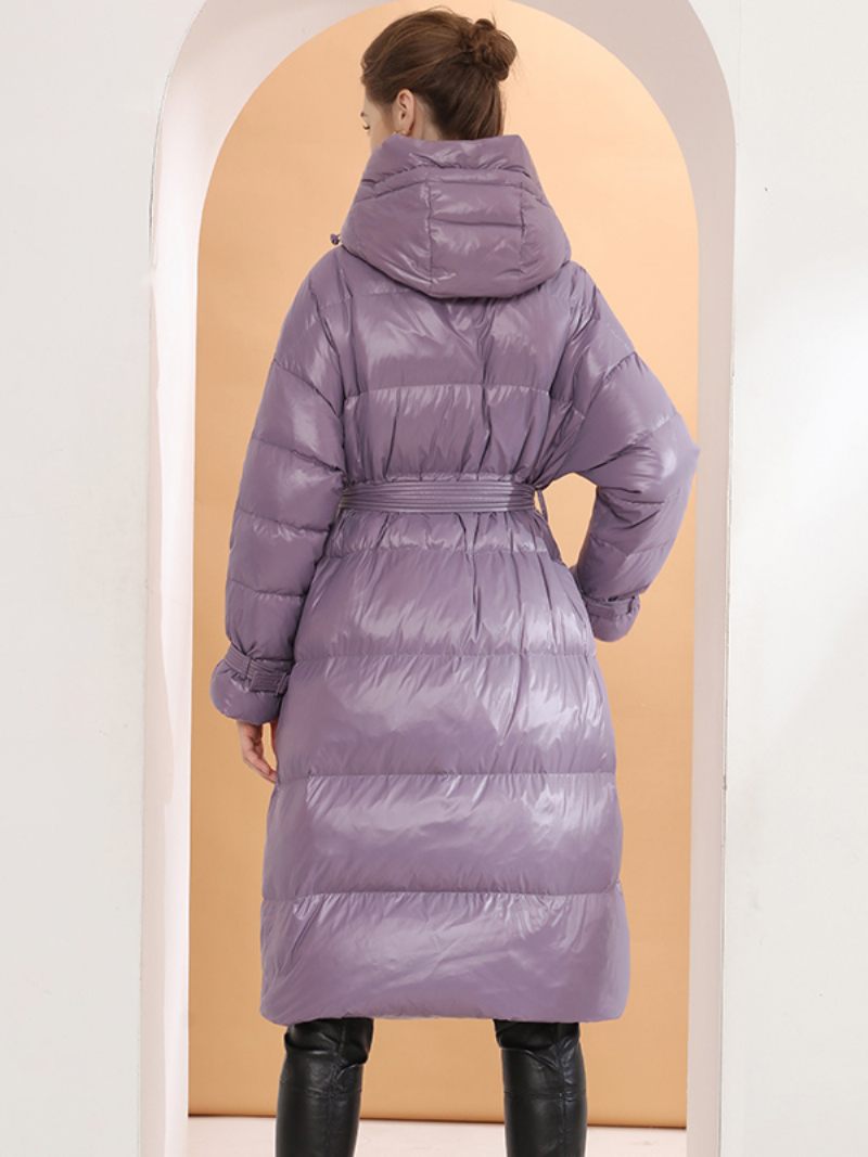 Manteau À Capuche Violet Long Bouffant Ceinturé Vêtements Sortie D'hiver Pour Les Femmes - Violet