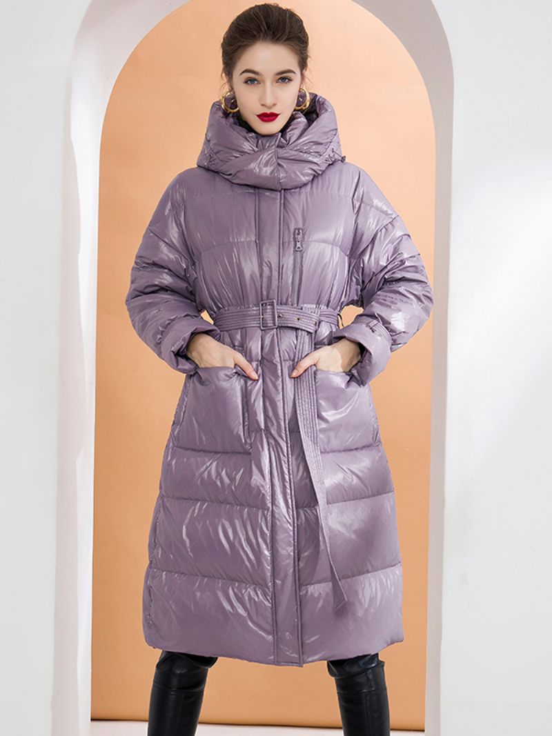 Manteau À Capuche Violet Long Bouffant Ceinturé Vêtements Sortie D'hiver Pour Les Femmes - Violet