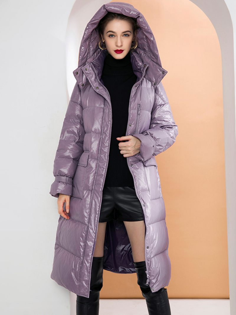 Manteau À Capuche Violet Long Bouffant Ceinturé Vêtements Sortie D'hiver Pour Les Femmes - Violet