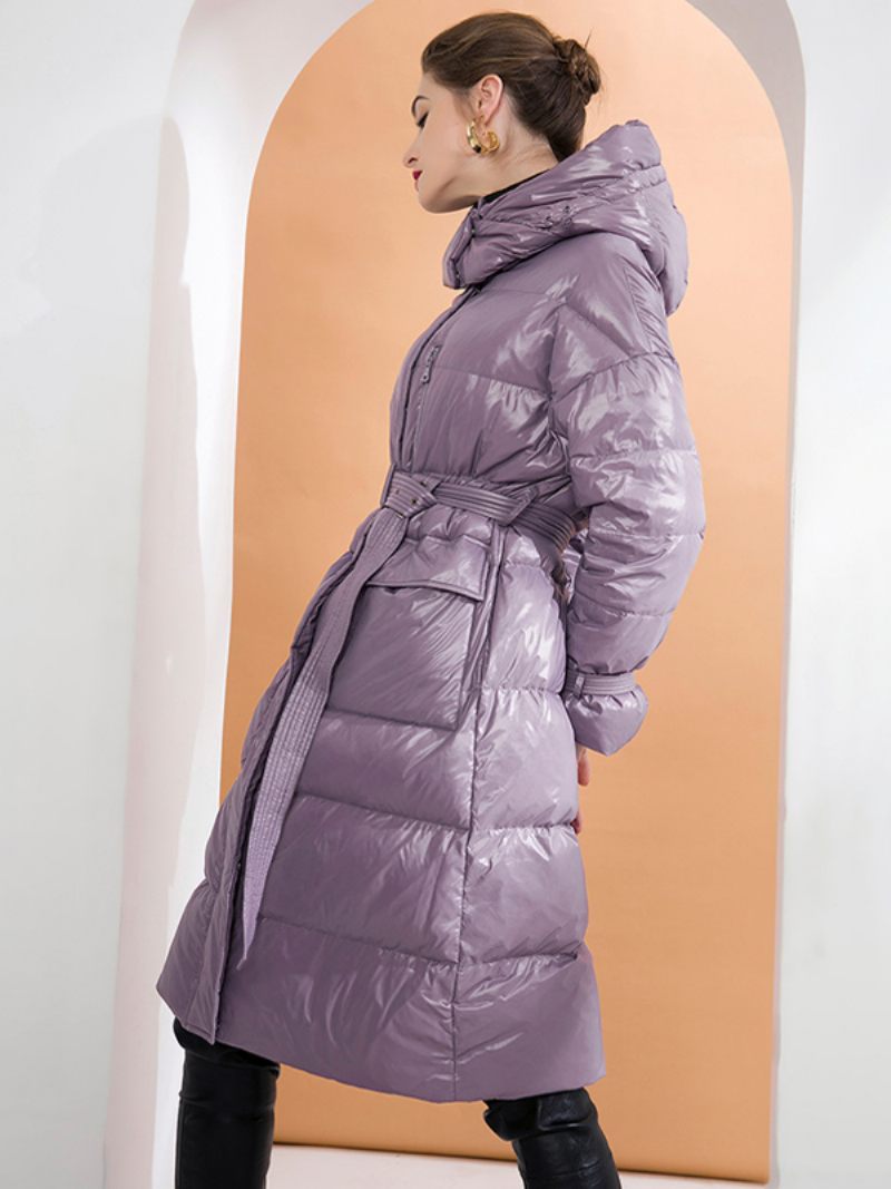 Manteau À Capuche Violet Long Bouffant Ceinturé Vêtements Sortie D'hiver Pour Les Femmes - Violet