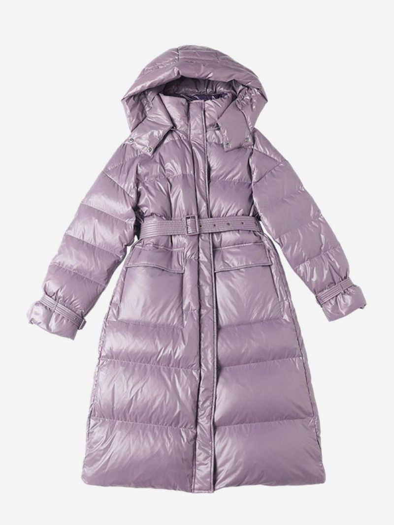 Manteau À Capuche Violet Long Bouffant Ceinturé Vêtements Sortie D'hiver Pour Les Femmes - Violet