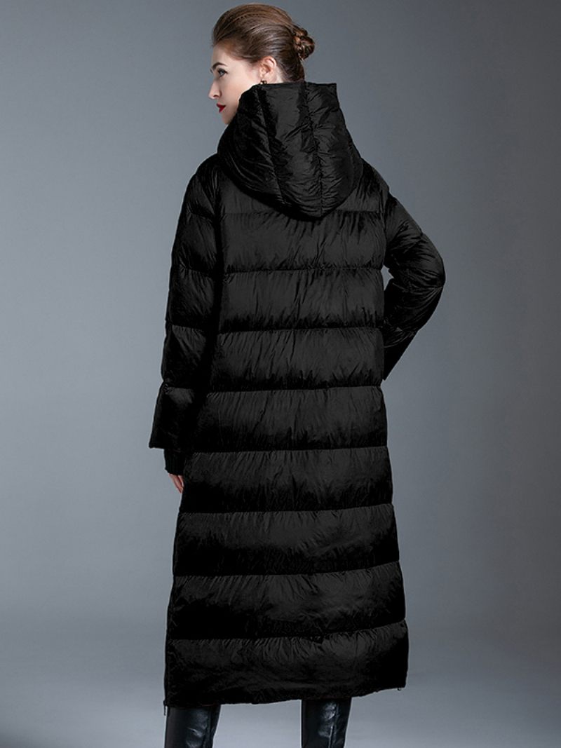 Manteau Duvet Kaki À Capuche Long Vêtements D'extérieur D'hiver Pour Les Femmes - Noir