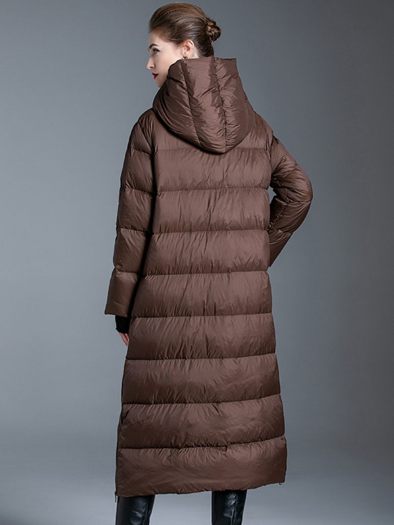 Manteau Duvet Kaki À Capuche Long Vêtements D'extérieur D'hiver Pour Les Femmes - Kaki