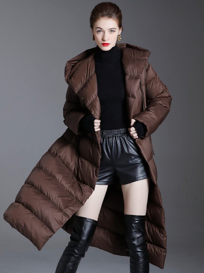 Manteau Duvet Kaki À Capuche Long Vêtements D'extérieur D'hiver Pour Les Femmes - Kaki