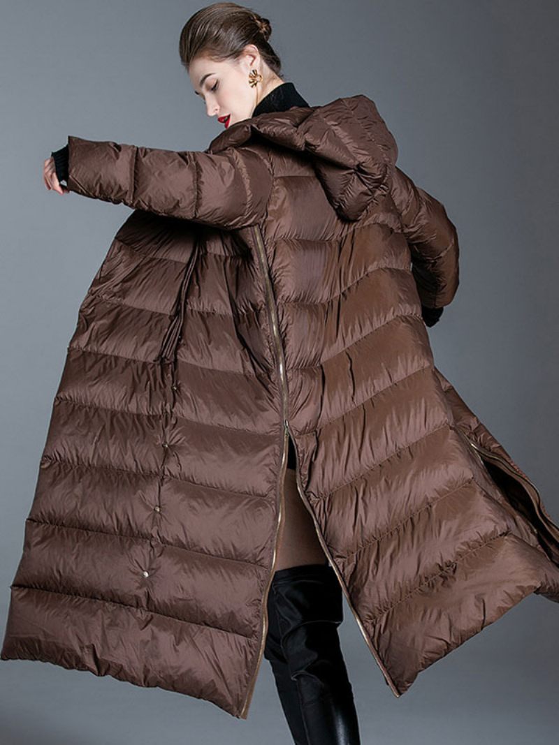 Manteau Duvet Kaki À Capuche Long Vêtements D'extérieur D'hiver Pour Les Femmes - Kaki