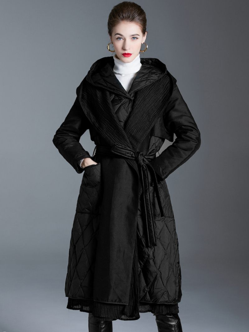 Manteau Duvet Noir À Capuche Et Ceinture Vêtements D'extérieur Longs D'hiver Pour Femmes