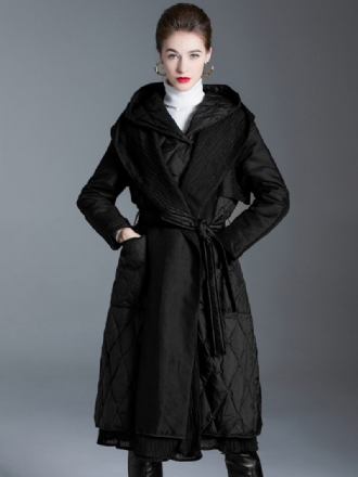 Manteau Duvet Noir À Capuche Et Ceinture Vêtements D'extérieur Longs D'hiver Pour Femmes