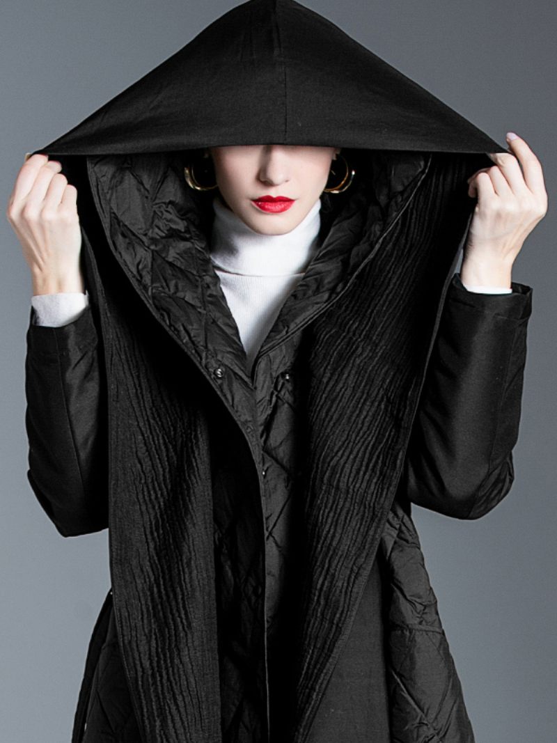 Manteau Duvet Noir À Capuche Et Ceinture Vêtements D'extérieur Longs D'hiver Pour Femmes - Noir