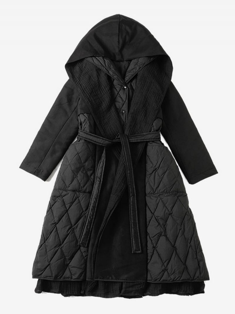 Manteau Duvet Noir À Capuche Et Ceinture Vêtements D'extérieur Longs D'hiver Pour Femmes - Noir