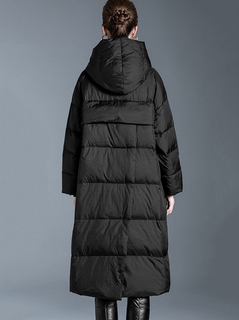 Manteau Duvet Noir À Capuche Longue Bouffante Vêtements Sortie D'hiver Pour Les Femmes - Noir