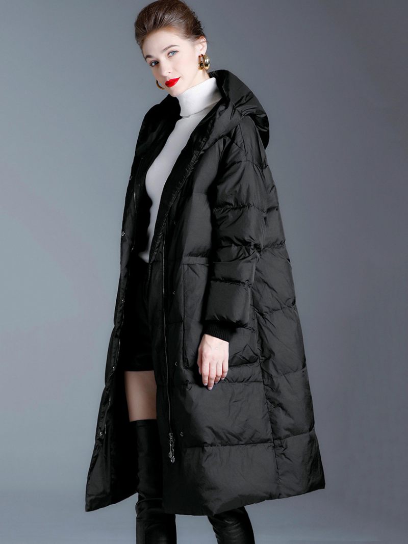 Manteau Duvet Noir À Capuche Longue Bouffante Vêtements Sortie D'hiver Pour Les Femmes - Noir