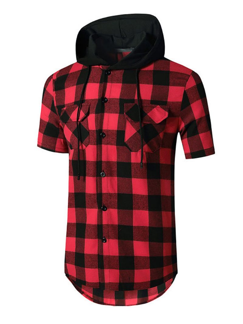 Chemise Décontractée Pour Hommes À Capuche Carreaux Rouges Chemises - Rouge