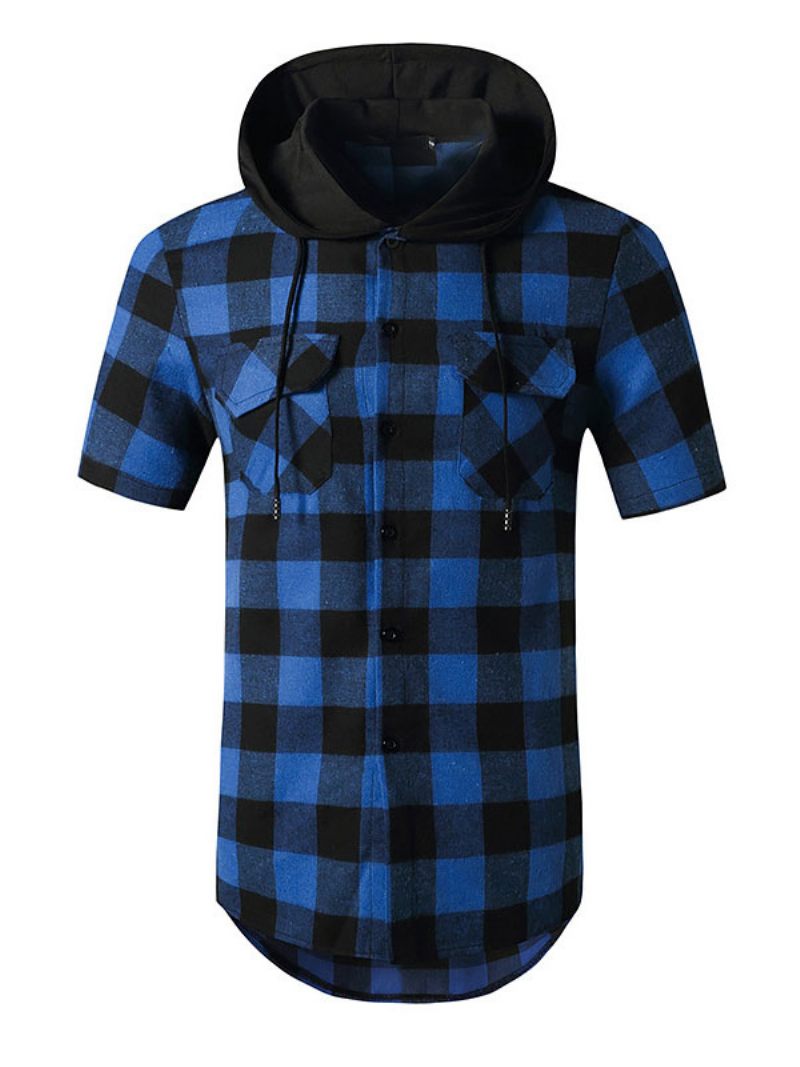 Chemise Décontractée Pour Hommes À Capuche Carreaux Rouges Chemises - Bleu