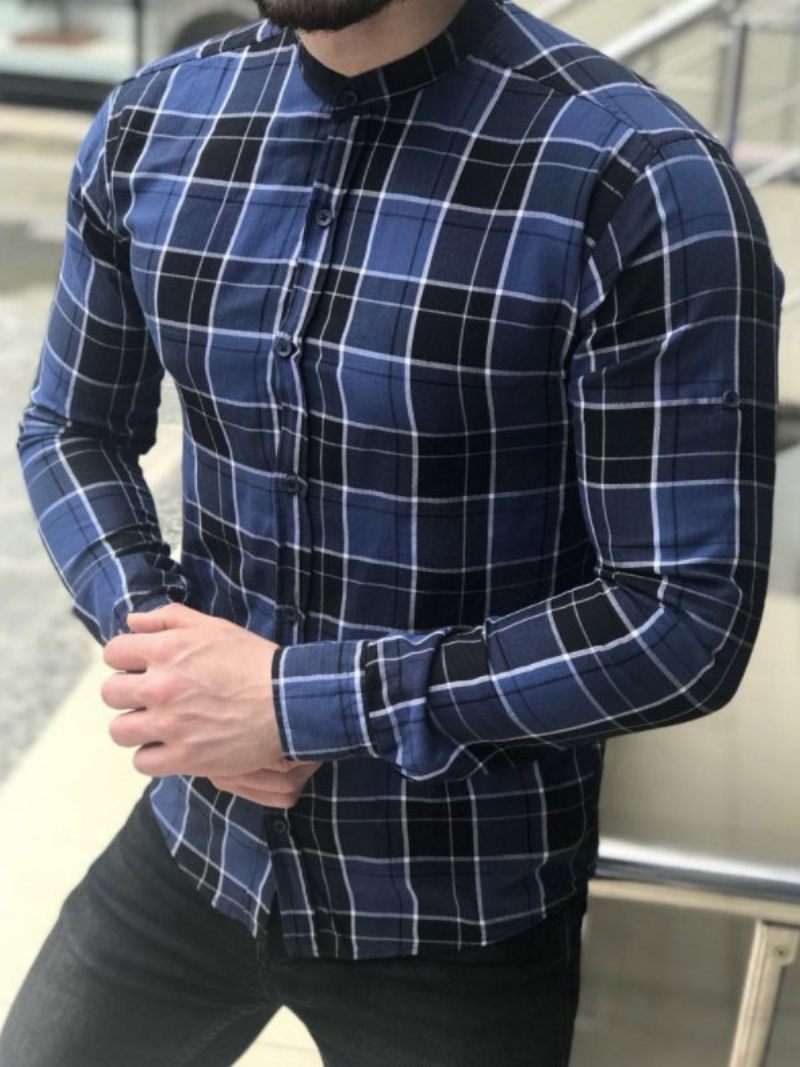 Chemise Décontractée Pour Hommes Col Bijou Chemises Décontractées À Carreaux Bleus