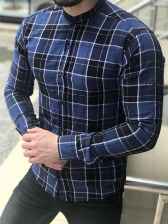 Chemise Décontractée Pour Hommes Col Bijou Chemises Décontractées À Carreaux Bleus