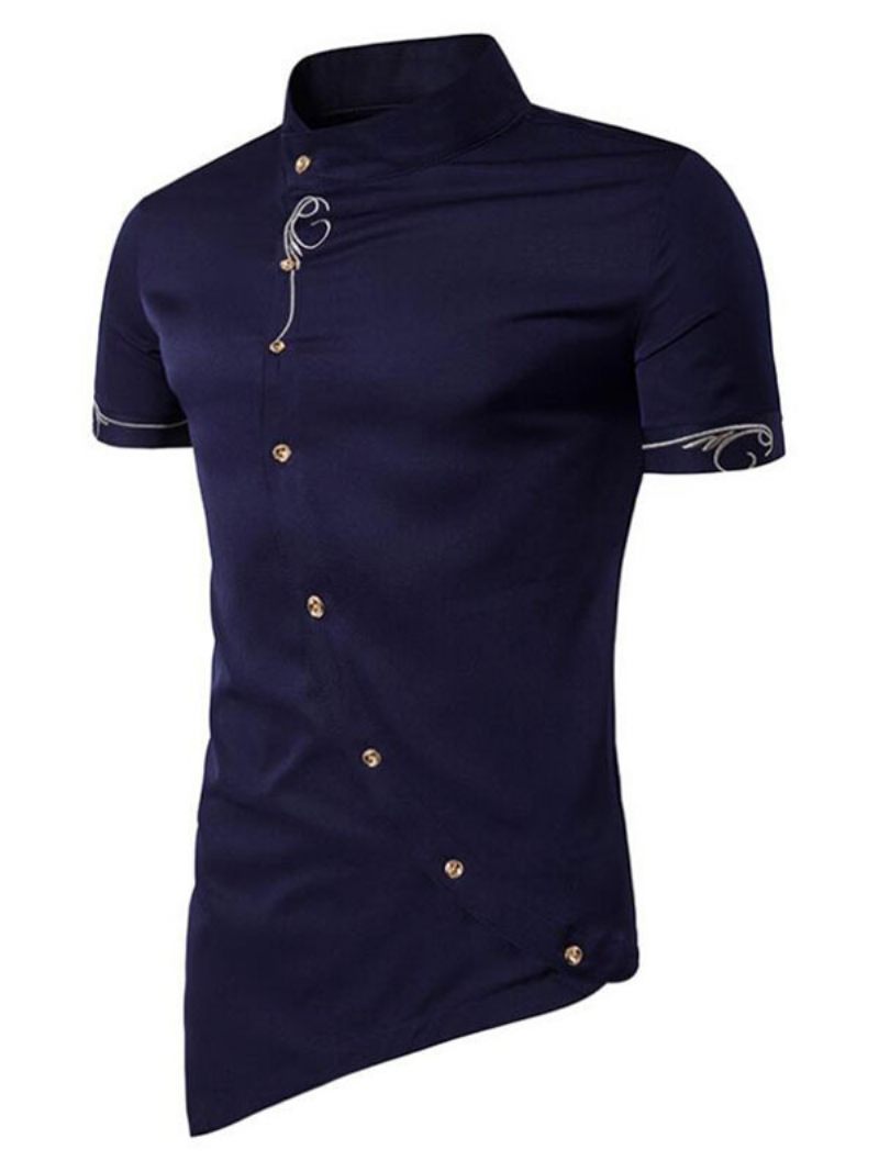 Chemise Décontractée Pour Hommes Col Montant Décontracté Géométrique Bleu Ciel Clair Chemises - Bleu Marine Foncé