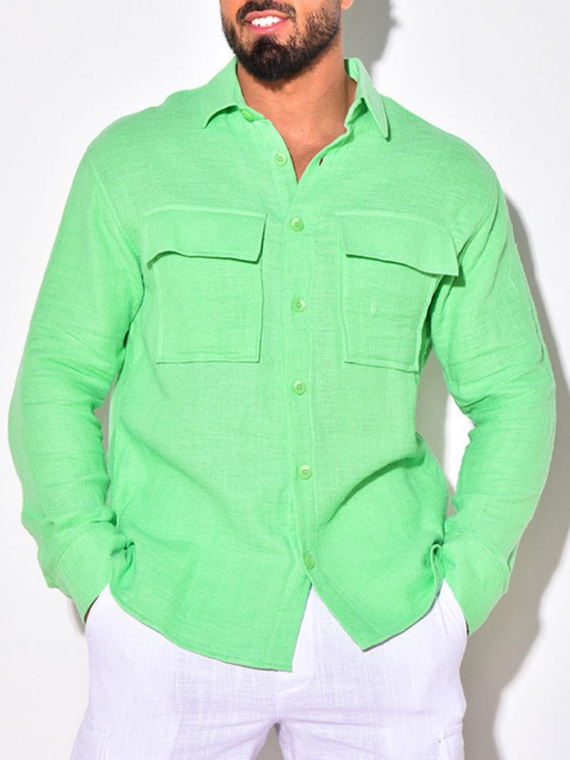 Chemise Décontractée Pour Hommes Col Rabattu Chemises Blanches Chics - Vert