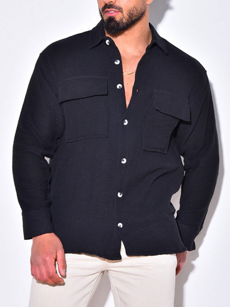 Chemise Décontractée Pour Hommes Col Rabattu Chemises Blanches Chics - Noir