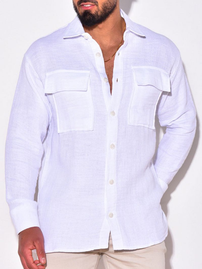 Chemise Décontractée Pour Hommes Col Rabattu Chemises Blanches Chics - Blanc