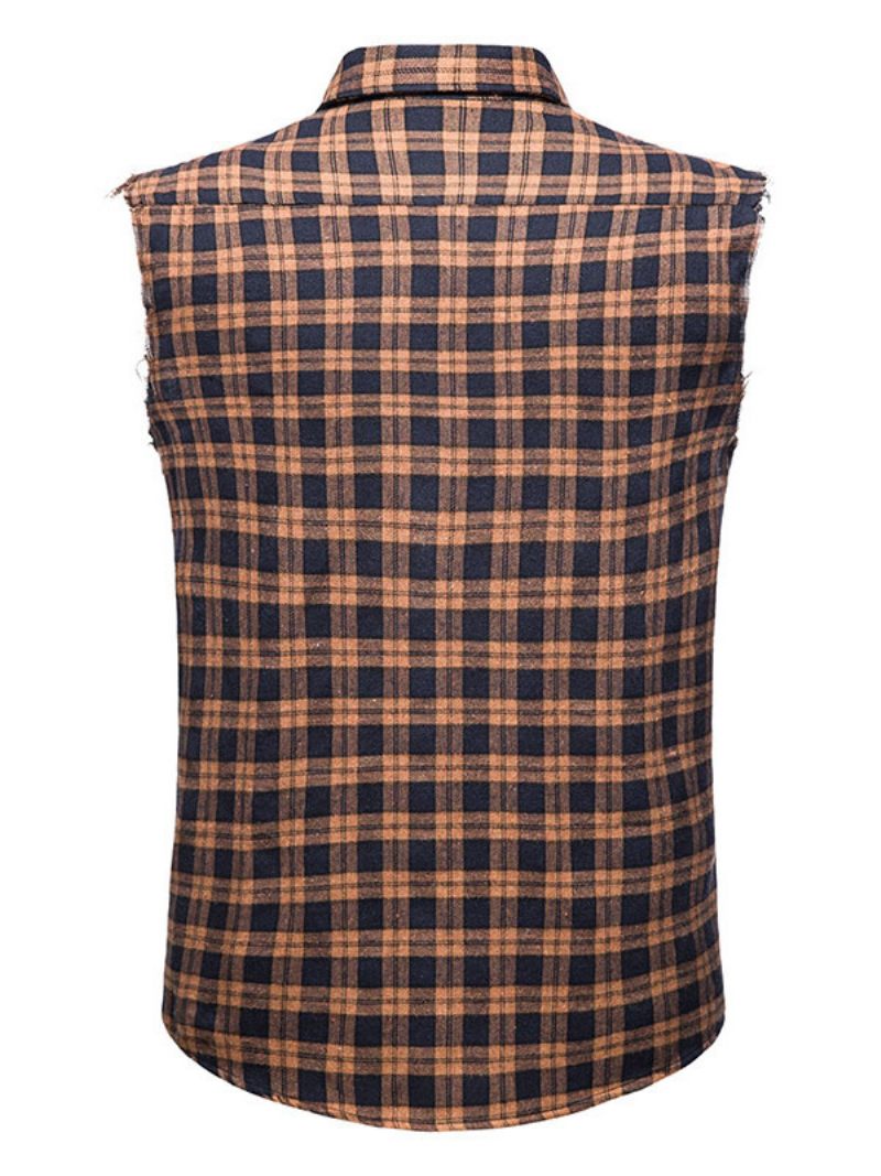 Chemise Décontractée Pour Hommes Col Rabattu Chemises Décontractées À Carreaux Rouges - Café Marron