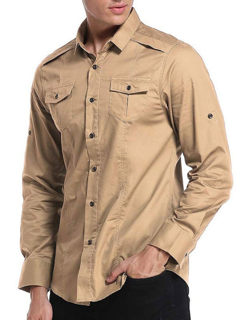 Chemise Décontractée Pour Hommes Col Rabattu Chemises Grises Amovibles Décontractées - Kaki